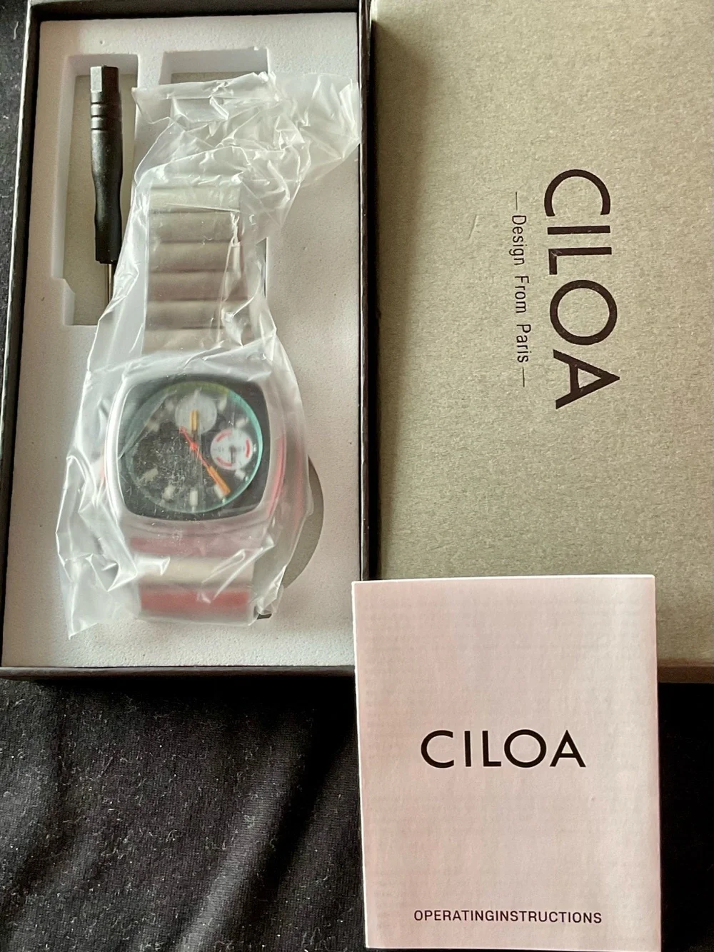 NIB Black Vintage Style Ciloa Chronograph S/S Still In Plastic Protection